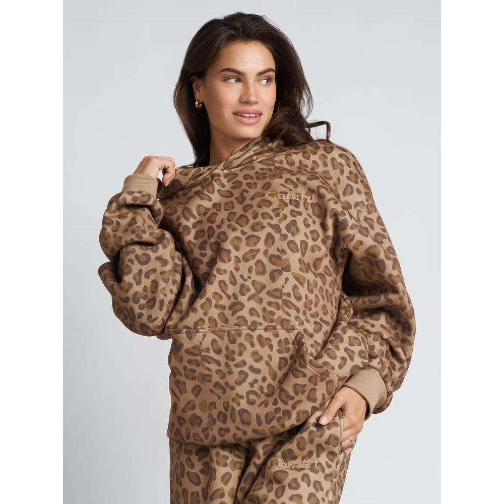Comfrt Minimalist Brown Leopard Print Hoodie Sweatshirt Pullover Size Medium Nwt